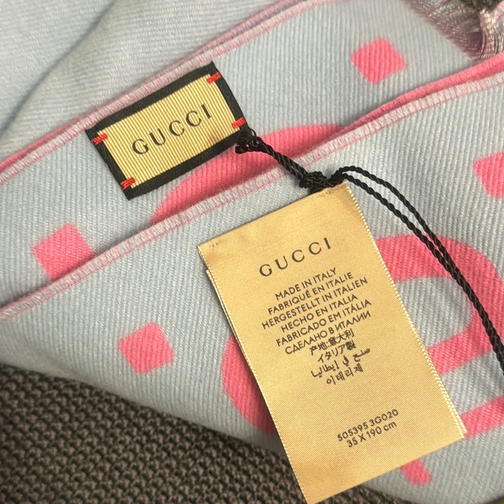 Gucci Wool Silk Jacquard GG Monogram Scarf Light Pink Sky Blue - Picture 2 of 7